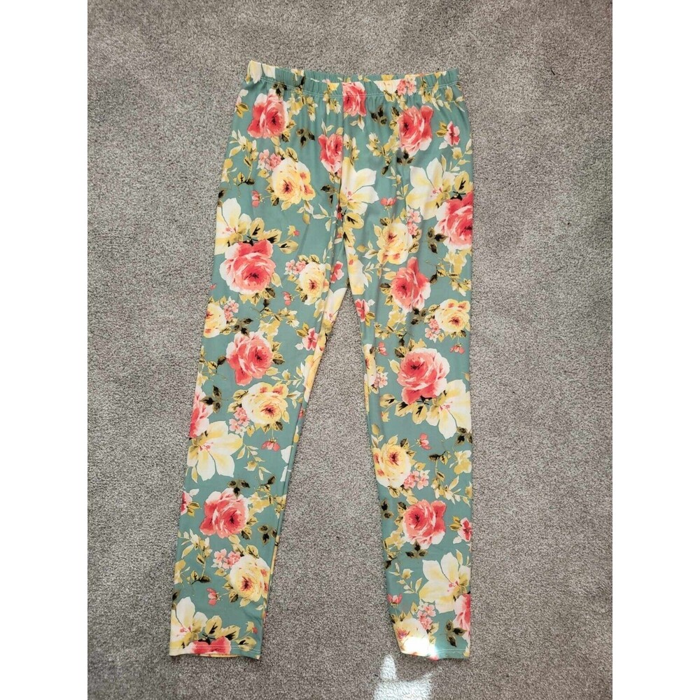 A.GAIN MINT GREEN BRIGHT FLORAL PRINTED PLUS LEGGINGS~NWT~1X ~14~16